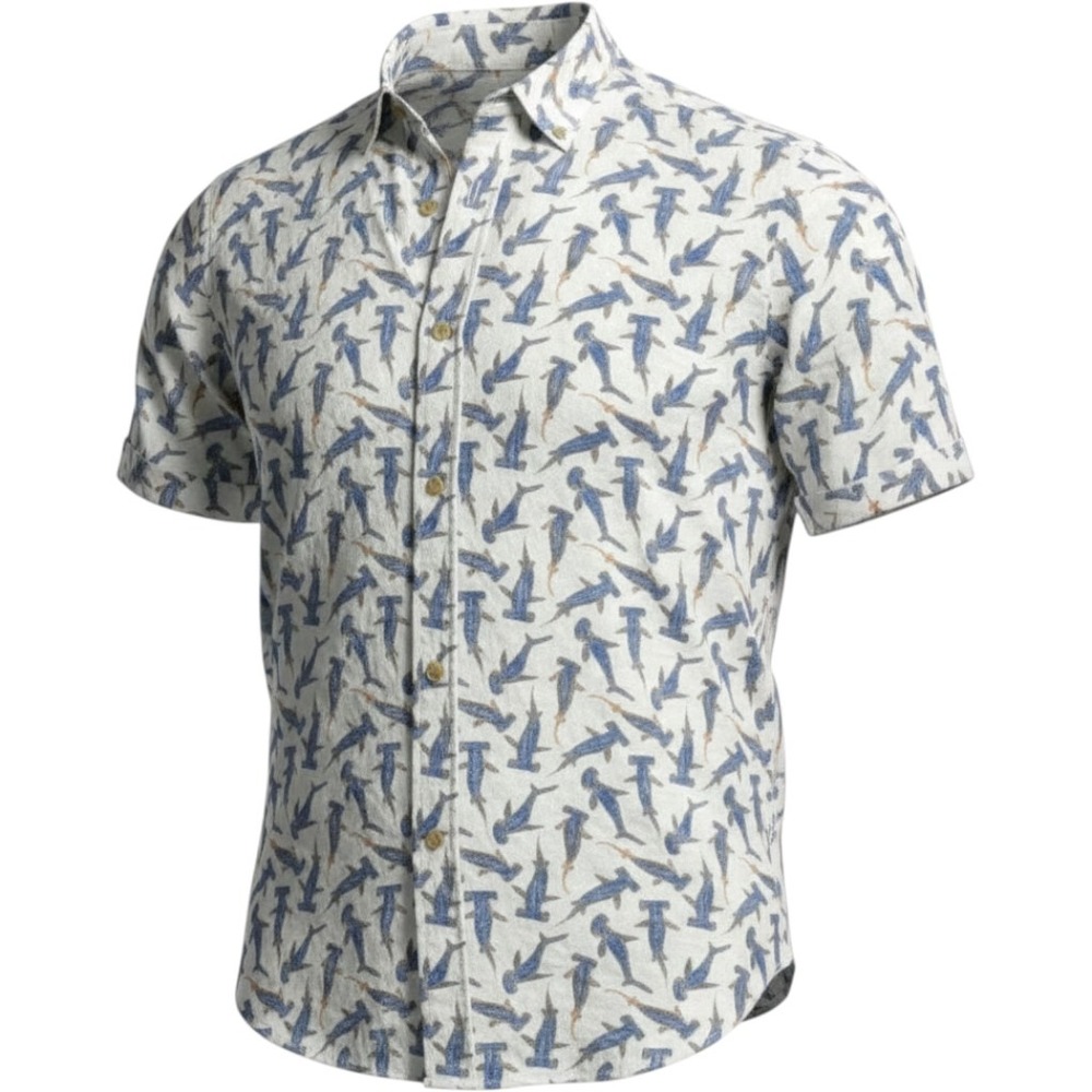 Southern Tide Shirt Mens M White Linen Rayon Hammerhead Shark Print Beach